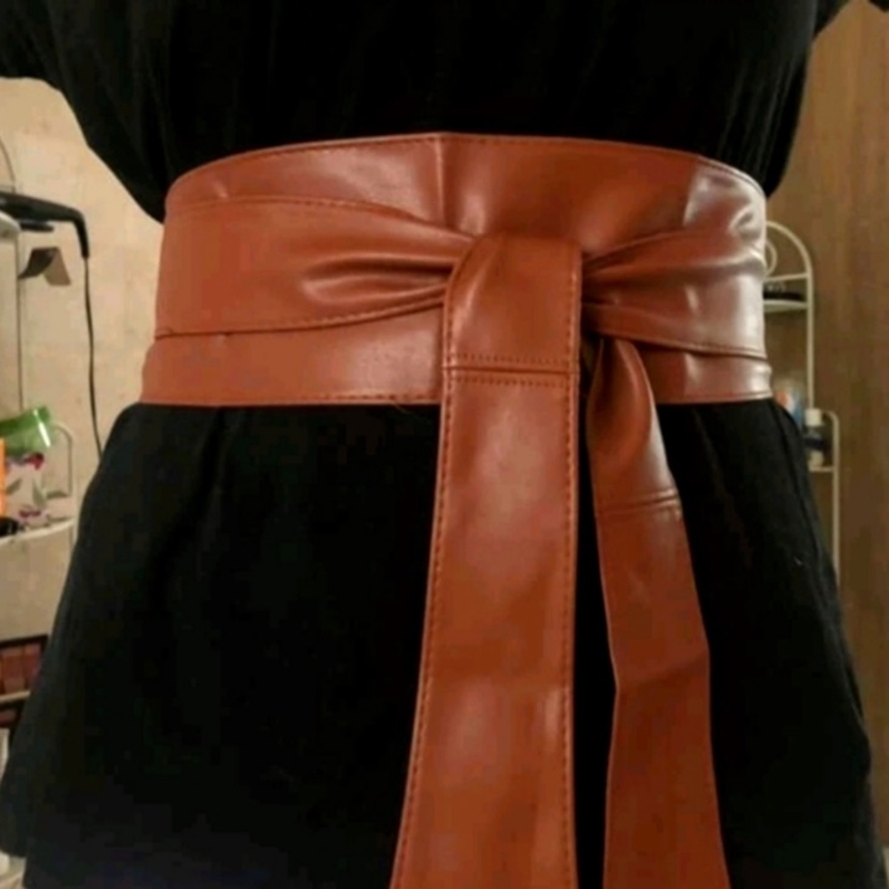 Plus size brown faux leather corset wide waist boho cinch obi belt - Picture 2 of 11